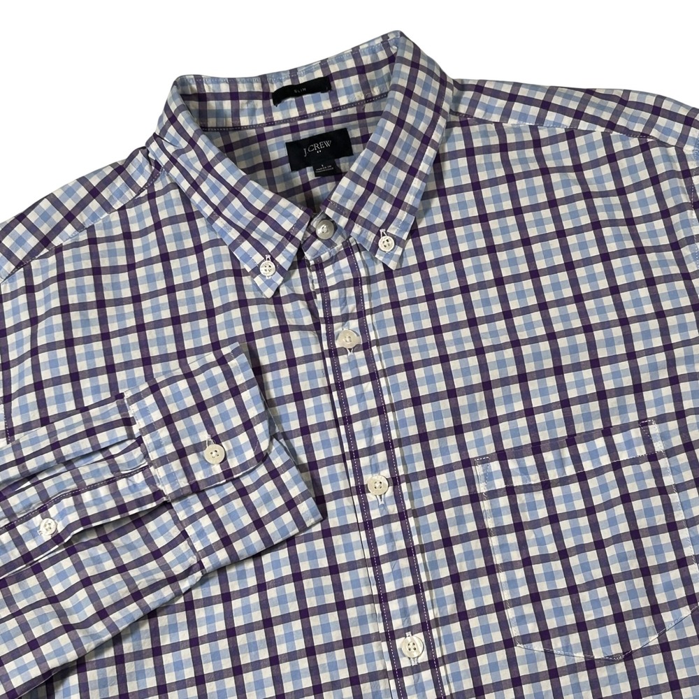 J Crew Slim Fit Button Down Shirt Mens L Blue Purple Plaid Long Sleeve‎
